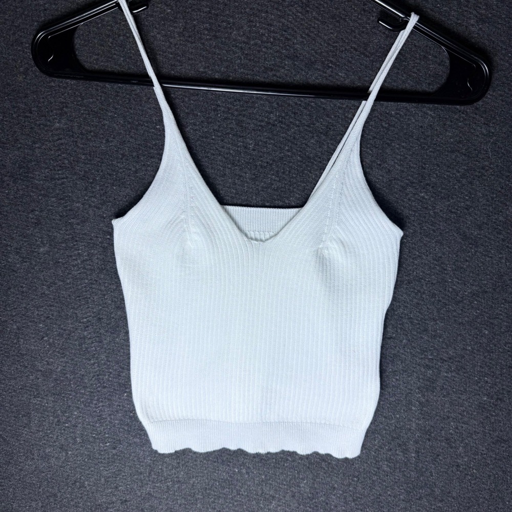 Women M/L White Ribbed Knit V-Neck Cami Crop Top Spaghetti Strap Preppy Coquette